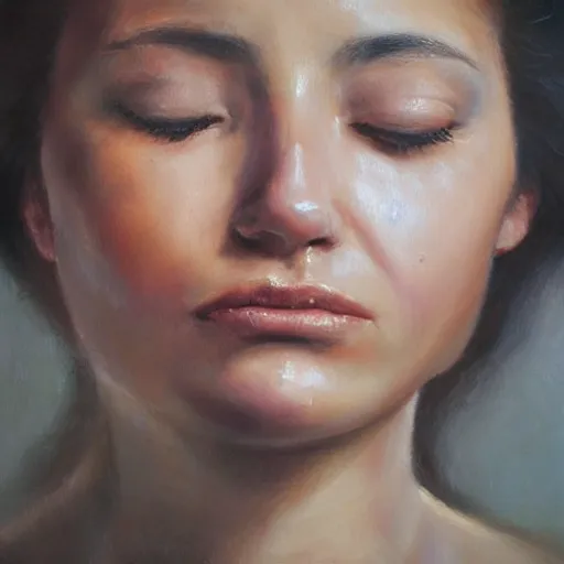 Image similar to perfect, realistic oil painting of close-up Spanish woman face, tears, sadness , by Sakimichan, by an American professional senior artist, Hollywood concept, dynamic composition and motion, postproduction.