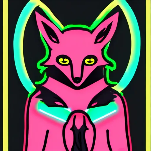 Image similar to a fox wearing a black hoodie with glowing neon stripes, in the style of anime