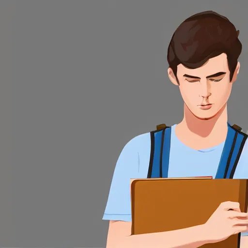 Prompt: illustration hyperrealism art realism student holding his notebooks with his backpack on