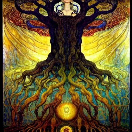 Prompt: tree of life by karol bak, jean delville, william blake, gustav klimt, and vincent van gogh, symbolist, visionary