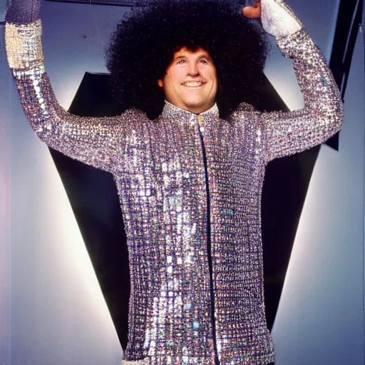 Prompt: uhd candid photo of disco stu wearing disco suit, intricate disco costume. photo by annie leibowitz