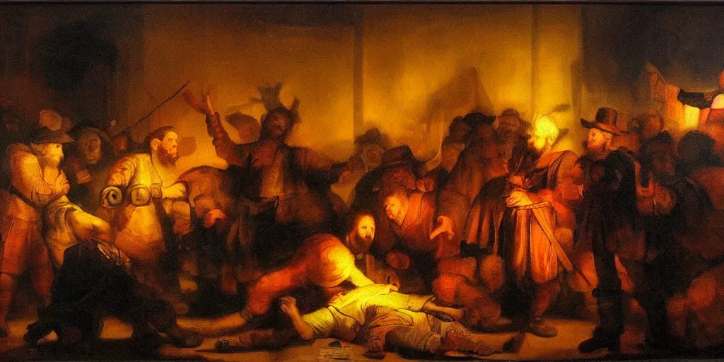 Prompt: futuristic neon lighting scene of death of the money lenders, modern oil painting by rembrandt with led panel screens and projections, dynamic lighting, black and orange colour palette