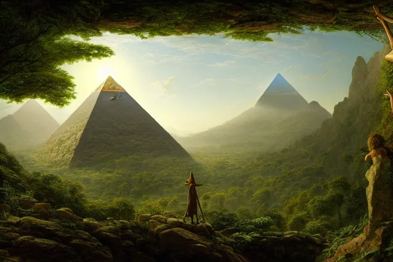Prompt: a beautiful and highly detailed digital painting of an elven pyramid in the centre of an epic mountainous jungle towering above the canopy, intricate details, epic scale, hyperdetailed, hyperrealism, artstation, cgsociety, 8 k, sharp focus, by caspar friedrich, albert bierstadt, james gurney,
