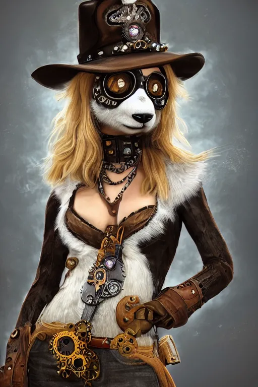 Prompt: anthropomorphic panda as a steampunk cowgirl with long blonde hair, intricate, elegant, highly detailed, digital painting, artstation, concept art, smooth, sharp focus, contemporary fashion shoot, by edward robert hughes, annie leibovitz and steve mccurry, david lazar, jimmy nelsson, hyperrealistic, octane render