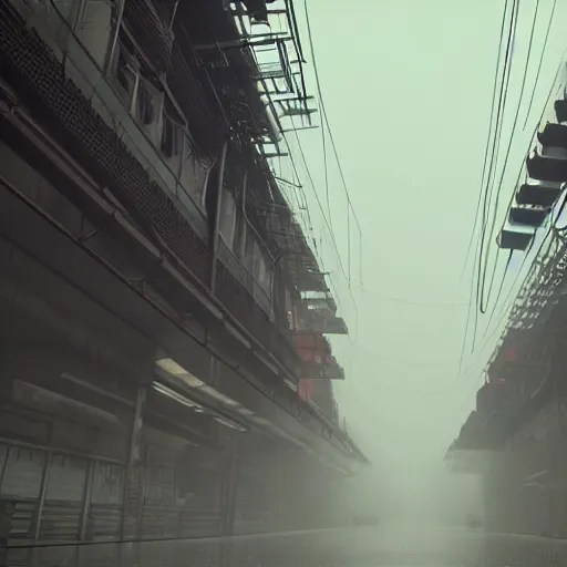 Image similar to raining dark smog wide angle shot dieselpunk dystopia makoto shinkai corrogated steel overhead walkway