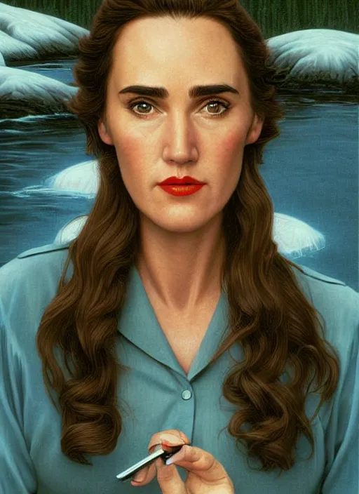 Image similar to portrait of jennifer connelly owner of diner, twin peaks poster art, from scene from twin peaks, by michael whelan, rossetti bouguereau, artgerm, retro, nostalgic, old fashioned