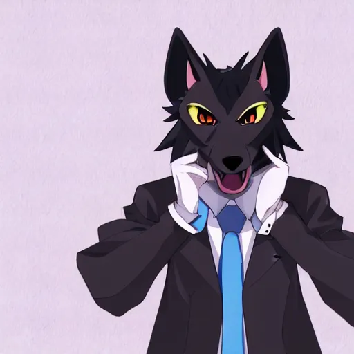 Prompt: key anime visual professional art of a close shot of an anthropomorphic black male wolf anthro furry fursona, wearing a business suit, handsome male eyes, anime office interior, official anime still, anime