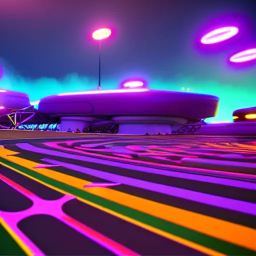 Image similar to a psychedelic racing track in unreal engine, very high detailed, in a game, cinematic view