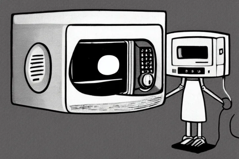 Image similar to retro robot sticking her head inside of a microwave, from 1977, bathed in the glow of a crt television, low-light photograph, in the style of jack bridgeland