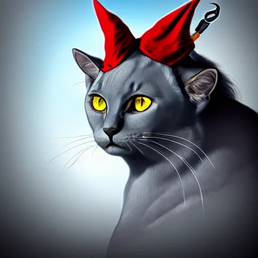 Image similar to gray burmese cat in pirate tricorn, artstation, fantasy