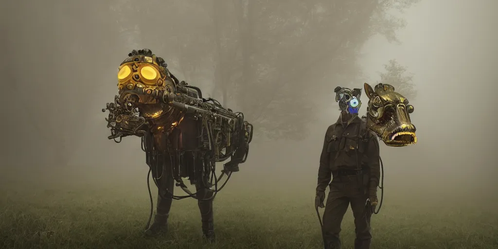 Image similar to a beautifully strange image of a gamekeeper wearing a dieselpunk mechanical fluorescent mystical animal mask. walking in the misty, dangerous river. award winning. dramatic. trending on artstation. high quality. rendered by beeple, by makoto shinkai, syd meade, digital art, unreal engine 5, octane render