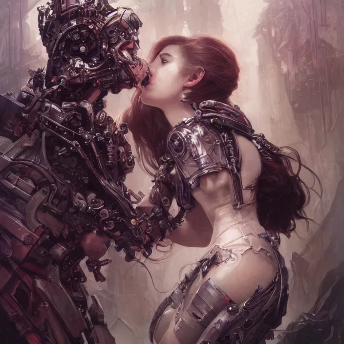 Prompt: portrait of two beautiful pale gothic cyborg maidens kissing, warhammer 40000, cyberpunk, intricate, elegant, highly detailed, digital painting, artstation, concept art, smooth, sharp focus, illustration, art by artgerm and greg rutkowski and alphonse mucha