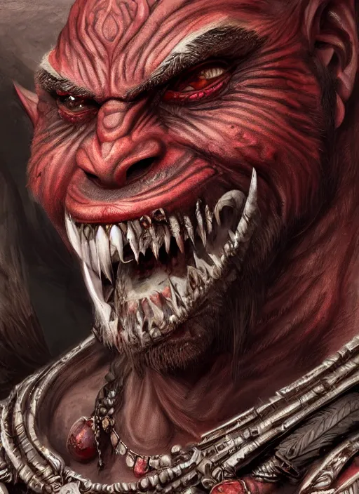 Prompt: red skin, orc, smiling, beautiful detailed eyes, cute, fantasy, intricate, elegant, highly detailed, digital painting, 4k, HDR, concept art, detailed jewelry, smooth, sharp focus, illustration, by Wayne Reynolds