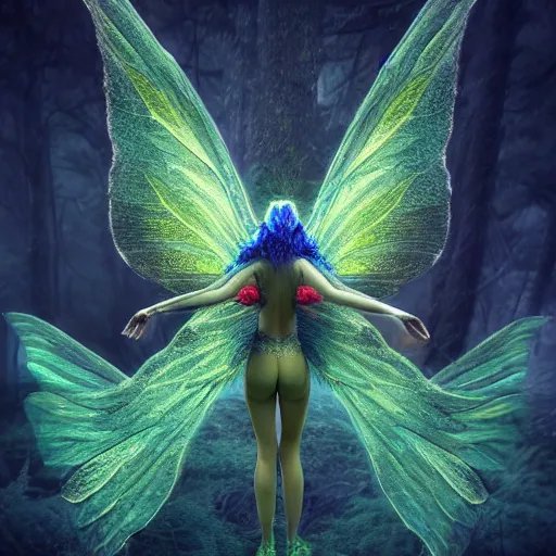 Image similar to full body pose, hyperrealistic photograph of moss fairy, symmetrical wings, dim volumetric lighting, 8 k, octane beautifully detailed render, extremely hyper detailed, intricate, epic composition, cinematic lighting, masterpiece, trending on artstation, very very detailed, stunning, hdr, smooth, sharp focus, high resolution, award, winning photo, dslr, 5 0 mm