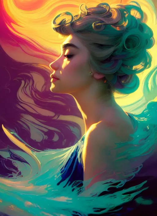 Image similar to side portrait, imogen poots, paladin, fantasy, gloomhaven, luminescent, colorful swirly ripples, gaudy colors, by greg manchess, huang guangjian, gil elvgren, sachin teng, greg rutkowski, jesper ejsing, ilya kuvshinov