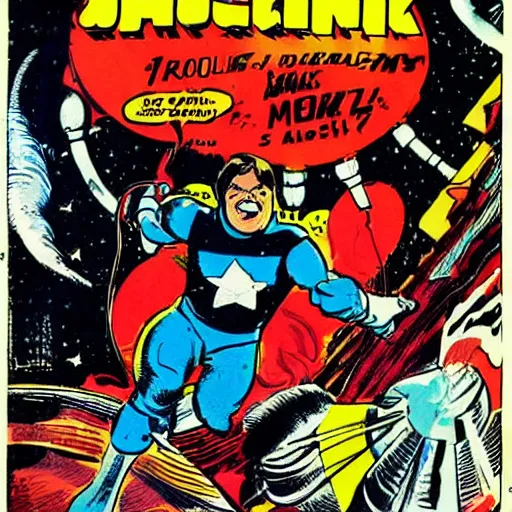 Prompt: jack black riding a rocket by jack kirby, marvel comic book cover