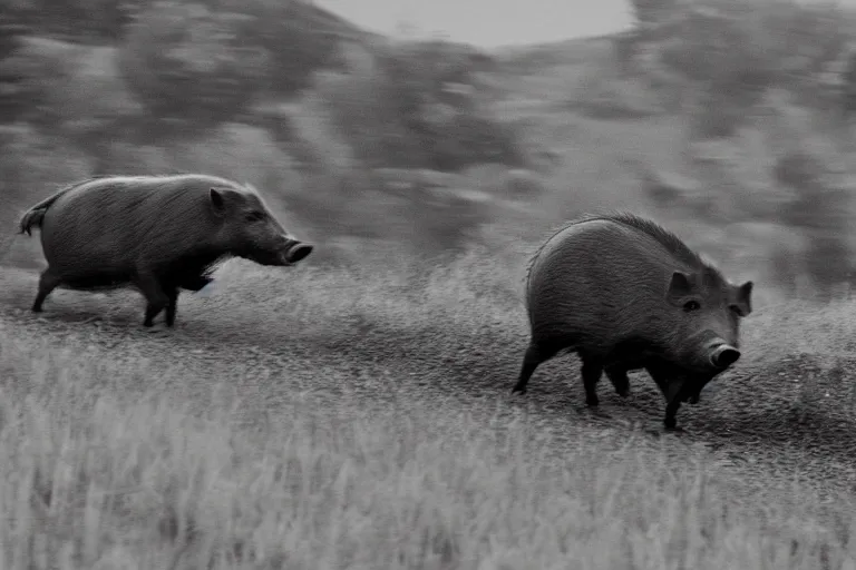 Image similar to a wild hog charging at us from the hill, cinematic imax shot, monochromatic retro, hyper detailed, windy, motion still