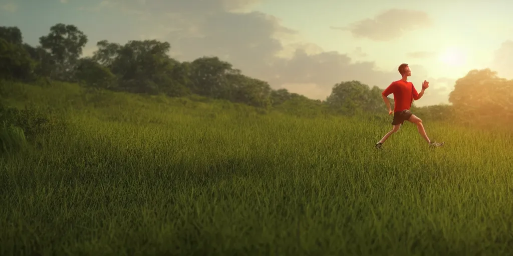 Prompt: Render of a young man running through a lush green countryside, with the sun setting over the sea, trending on artstation, 4k, soft focus