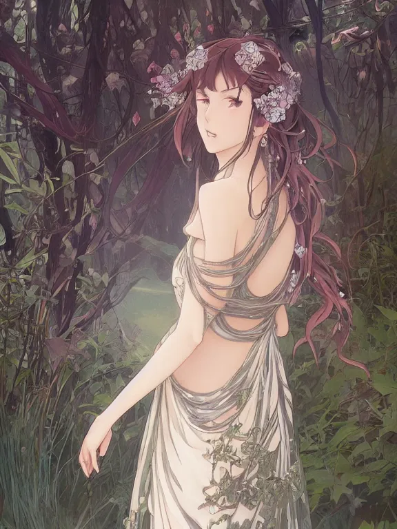 Prompt: anime key visual of leda with her back to the camera wearing a gown designed by monique lhuillier!! intricate, magical forest, stunning, highly detailed, digital painting, artstation, smooth, hard focus, illustration, art by artgerm and greg rutkowski and alphonse mucha