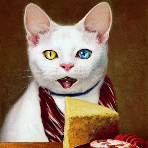 Prompt: a portrait of a male white cat with human blue eyes wearing a scarf and salami in his mouth, cheese and salami on the table, titian, sam spratt, maxfield parrish, gustav klimt, tom bagshaw, mark ryden, alphonse mucha, rembrandt, high quality, painting, oil