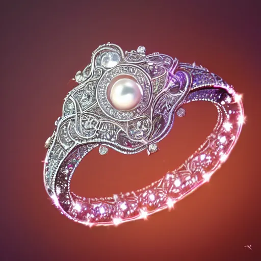 Prompt: a beautiful diamond wedding ring design made of platinum glowing in sparkles with heavenly notes neo rococo, pearls and ruby, highly detailed sailor moon aesthetic, fantasy, intricate, elegant, highly detailed, digital painting, artstation, concept art, matte, sharp focus, illustration, in the style of aetherpunk