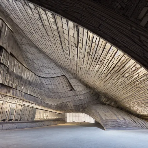 Prompt: a soviet factory built out of granite and wood, studio lighting, very detailed, high quality photo, designed by zaha hadid, sculped by Norman foster, brutalism