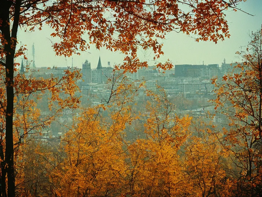 Image similar to a lomographic photo of a view of the outskirts of moscow, autumn, cinestill, bokeh