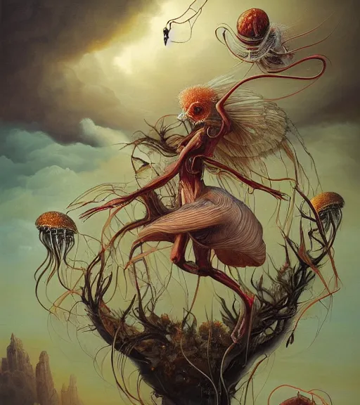 Image similar to an anatomical oil painting of a Jellyfish Harpy from a medical journal by Peter Mohrbacher and Nychos, highly detailed, high detail, 8k, storm clouds, birds, dramatic lighting