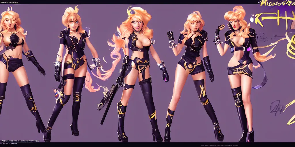 Prompt: character sheet of beautiful KDA More Miss Fortune (wild rift). digital art, concept art, realistic, highly detailed, trending on artstation, 4k, trending on artstation