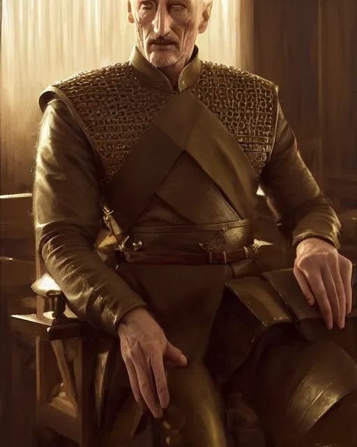 Image similar to tywin lannister discusses war strategy with his military advisors, council chambers, game of thrones | | realistic shaded, fine details, realistic shaded lighting painting by greg rutkowski, diego gisbert llorens, magali villeneuve, artgerm, jeremy lipkin, michael garmash, rob rey