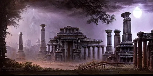 Image similar to beautiful hyperrealistic spectacular painting of the mysterious intricate ruins of the mysterious ancient temple, an advanced alien technology timemachine with a green glowing crystal from the future is inside the temple, by hubert robert and lee madwick and bastien lecouffe deharme, dramatic moonlight lighting, advanced technology