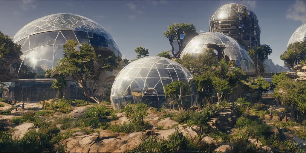 Prompt: arcology oasis transparent dome. unreal engine, octane, raytrace. horizon zero dawn, hawken