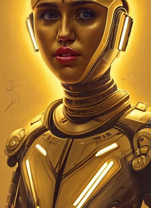 Image similar to symmetry!! portrait of miley cyrus, gold sci - fi armour, tech wear, glowing lights!! sci - fi, intricate, elegant, highly detailed, digital painting, artstation, concept art, smooth, sharp focus, illustration, art by artgerm and greg rutkowski and alphonse mucha