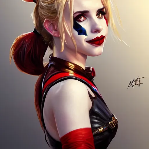 Image similar to Beautiful Emma Roberts as Harley Quinn, western, D&D, fantasy, intricate, elegant, highly detailed, digital painting, artstation, concept art, matte, sharp focus, illustration, art by Artgerm and Greg Rutkowski and Alphonse Mucha