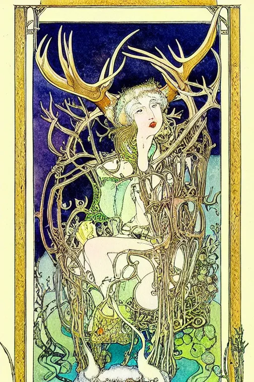 Image similar to a frothy wooden tankard of ale in the center of a frame made of antlers and coins, art by kay nielsen and walter crane, illustration style, watercolor