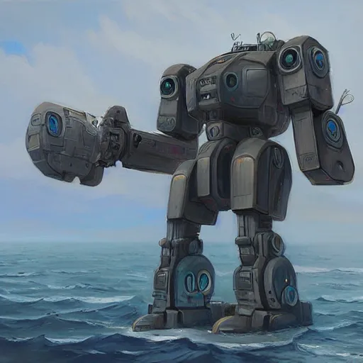 Prompt: A huge mech over the ocean by Mandy Jurgens