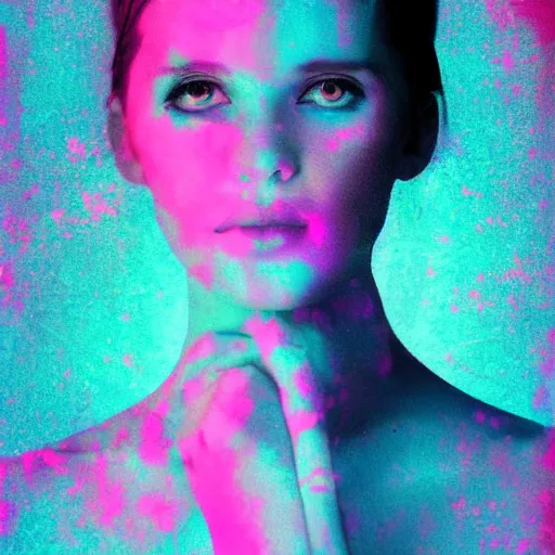 Image similar to a digital art of a beautiful woman. moody and melanchonic. with a little bit of cyan and pink