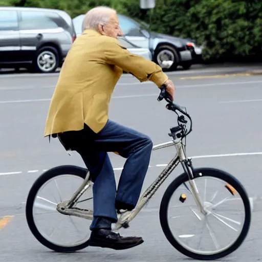 Image similar to ultra realistic photo of joe biden falling off of his bike, film, perfect face, in the style of a candid photo