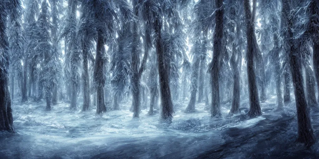 Prompt: landscape portrait f a mile high ice wall, dividing a wintery forest, fantasy, digital art, trending on artstation