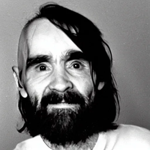 Prompt: Photo of Charles Manson smiling and giving the peace sign, circa 1970