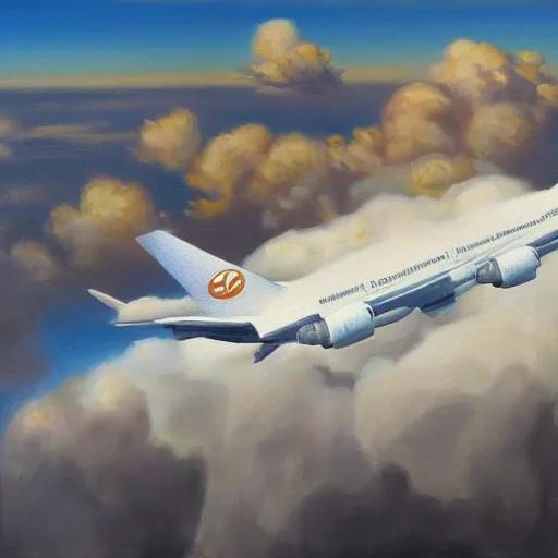 Image similar to boeing 7 4 7 in the clouds, oil painting, realistic, very detailed, 4 k