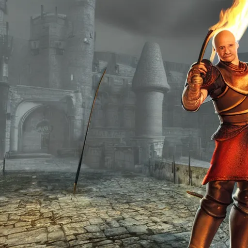 Image similar to mr clean holding a huge flaming sword, 4 k, realistic, dark souls