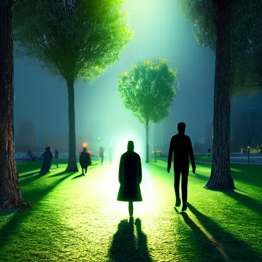 Image similar to shadow people walking in the park ultra realistic, lens flare, atmosphere, glow, detailed, intricate, full of colour, cinematic lighting, trending on artstation, 4 k, hyperrealistic, focused, extreme details, unreal engine 5, cinematic, masterpiece, ultra realistic, hyper realistic, highly detailed, sharp focus, digital art