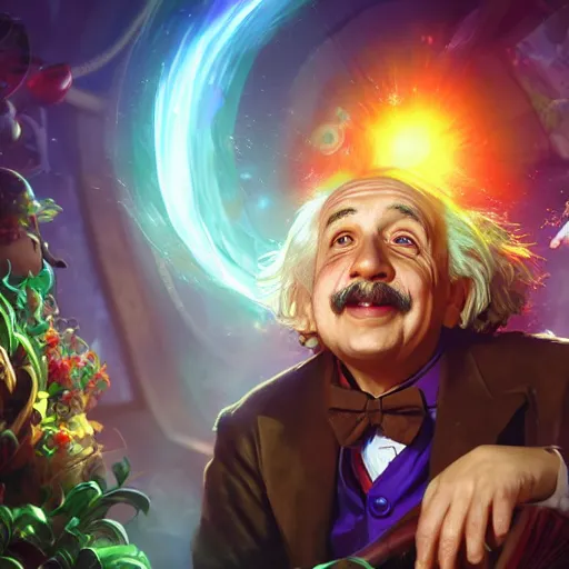 Image similar to portrait of albert einstein as willy wonka, league of legends amazing splashscreen artwork, fantasy, splash art, natural light, elegant, photorealistic facial features, intricate, fantasy, detailed face, atmospheric lighting, anamorphic lens flare, cinematic lighting, league of legends splash art, hd wallpaper, ultra high details by greg rutkowski