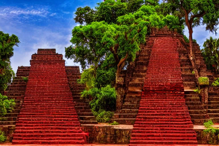 Prompt: ornate detailed aztec temple, flowing blood down steps, jungle setting, red sunset sky