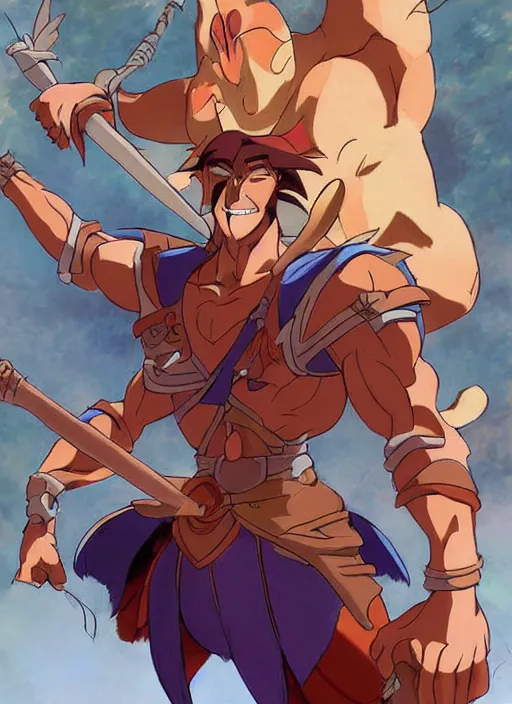 Image similar to official digital painting artwork of a male warrior character by don bluth, ross tran and studio ghibli.