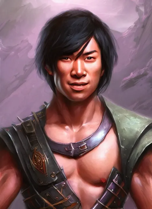 Prompt: muscly asian man with medium black parted hair, dndbeyond, bright, colourful, realistic, dnd character portrait, full body, pathfinder, pinterest, art by ralph horsley, dnd, rpg, lotr game design fanart by concept art, behance hd, artstation, deviantart, hdr render in unreal engine 5