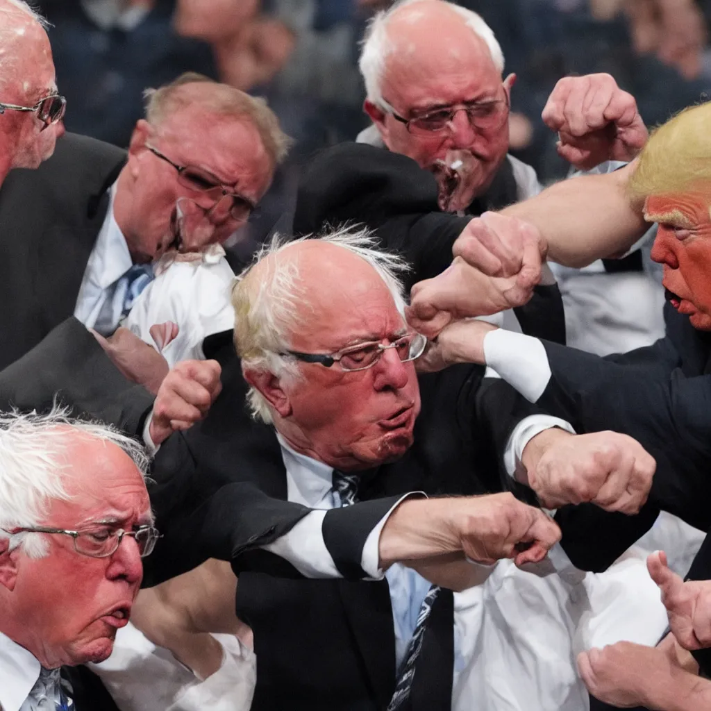 Image similar to Angry Bernie Sanders punching Donald Trump in the face, HD 4K photorealistic