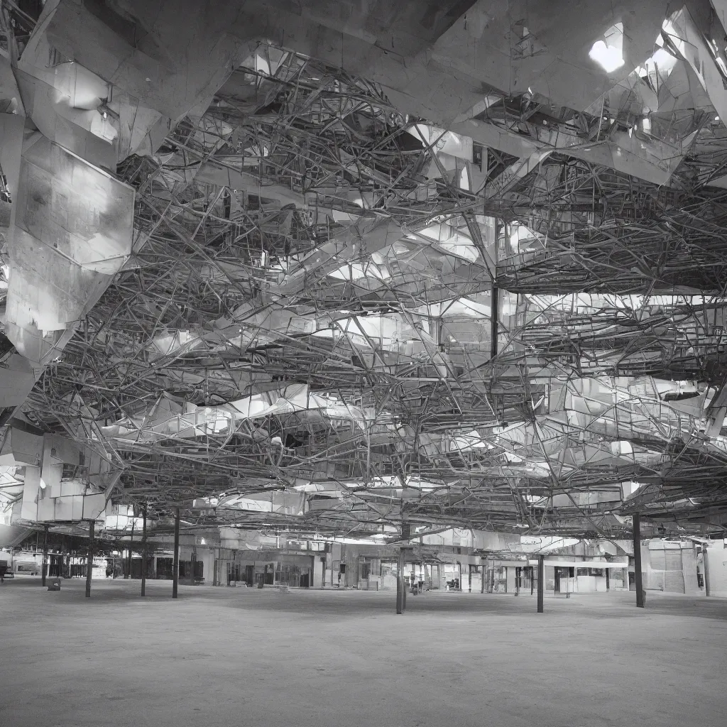 Prompt: an empty plaza formed of a rotated or inverted building, new space emerging from unnoticed previous trivia. industrial, commercial, luxury and hopeless. 3 0 mm 3 5 mm film iso 5 0 expertly illuminated and highly geometric and abstract architecture. furniture is out of place, things are jarring familiar yet alien