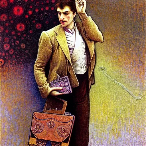 Image similar to realistic extremely detailed portrait painting of. an average. man with his. briefcase .in his. left hand . by Jean Delville, Amano, Yves Tanguy, Alphonse Mucha, Ernst Haeckel, Edward Robert Hughes, Roger Dean, pale muted pastel moody colors, gold eyes